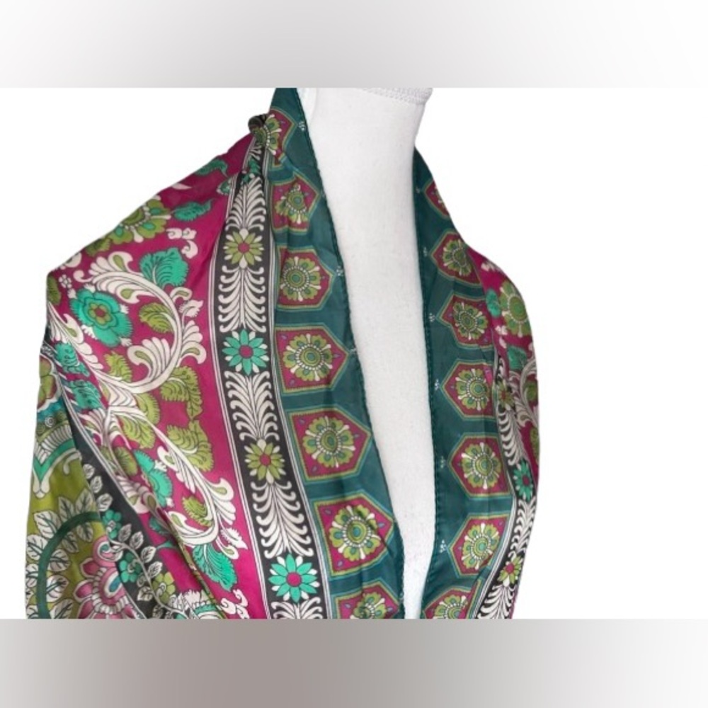NWT 100% Silk Long Scarf Wrap Mandala Floral Boho Pink Aqua Blue Teal NEW - Picture 8 of 14